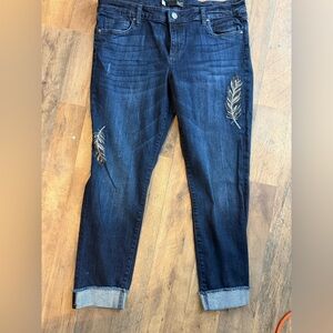 Kut from the Kloth Dark Blue Feather Embroidered Jeans Amy Boyfriend Straight 12